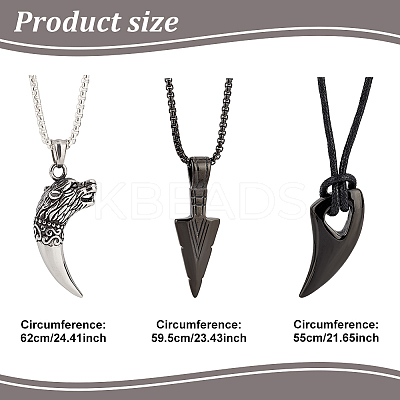 3Pcs 3 Styles Horn & Spearpoint & Wolf 304 Stainless Steel Pendant Necklaces Set with Wax Rope for Men Women NJEW-AN0001-45-1
