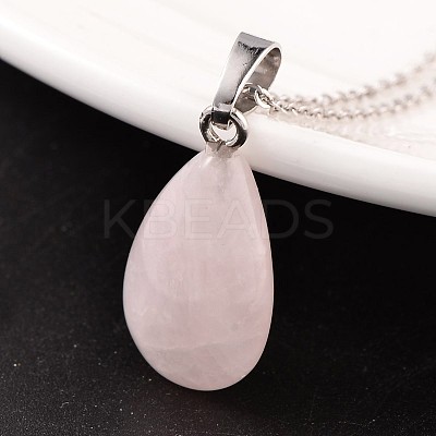 Teardrop Platinum Tone Brass Rose Quartz Pendants G-F267-02H-1