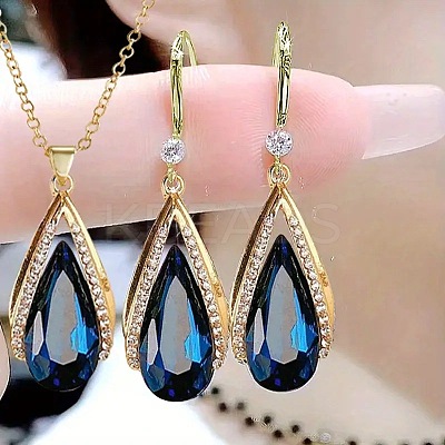 Teardrop Alloy Rhinestone Pendant Necklaces & Dangle Earrings Sets for Women FS-WG0B062-01-1