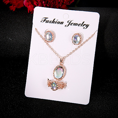 Oval Alloy & Acrylic Imitation Moonstone Pendant Necklaces & Stud Earrings & Rings Sets FS-WG10CC3-01-1-1