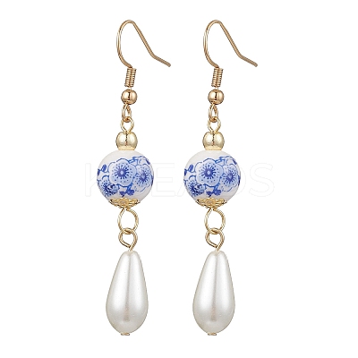 Round with Flower Pattern Porcelain Ceramic Dangle Earrings EJEW-JE06347-01-1