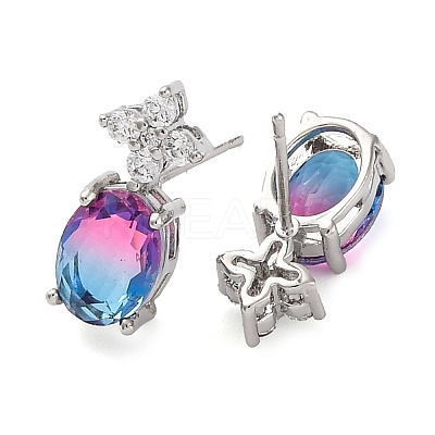 Brass Pave Cubic Zirconia Flower & Oval Stud Earrings for Women EJEW-I304-26P-09-1