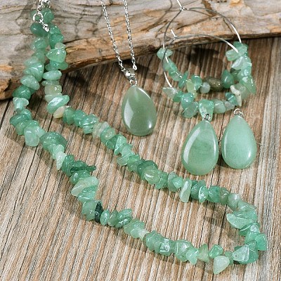 Bohemian Style Natural Green Aventurine Teardrop Pendant Necklaces & Chip Beaded Necklaces & Hoop Earrings & Dangle Earrings Sets WG11994-03-1