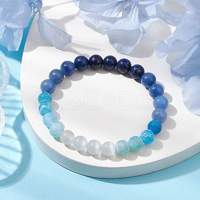 8mm Round Cat Eye & Natural Lapis Lazuli & Blue Aventurine & Dyed Crackle Agate Beaded Stretch Bracelets BJEW-TA00514-02-1