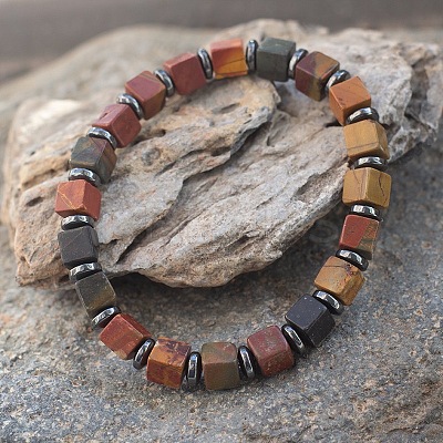 Cube Natural Picasso Jasper & Synthetic Non-magnetic Hematite Beads Stretch Bracelets for Women Men LS-PF6426-5-1