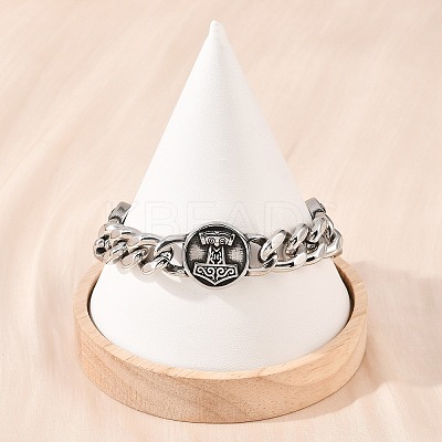 Stainless Steel Flat Round with Thor Hammer Mjolnir Link Bracelets BJEW-D379-07ASP-1
