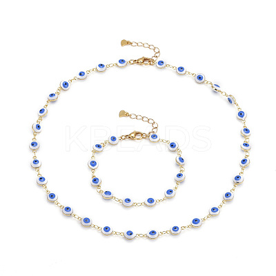 Brass Enamel Evil Eye Link Chain Bracelets & Necklaces Jewelry Sets SJEW-JS01191-1