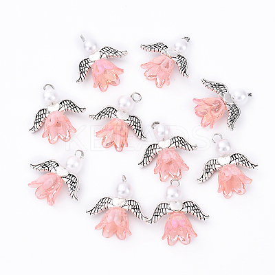 10Pcs Acrylic & Imitation Pearl Flower Angel Pendants PALLOY-YW00055-07-1