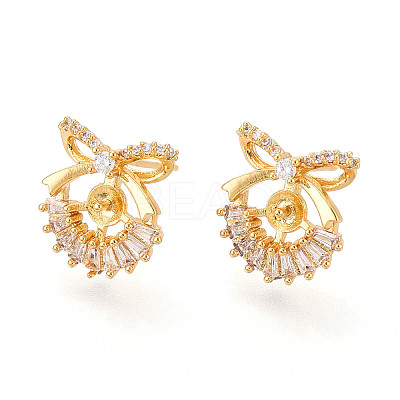 Bowknot Brass Micro Pave Clear Cubic Zirconia Stud Earrings Findings for Half Drilled Beads KK-T071-14G-1