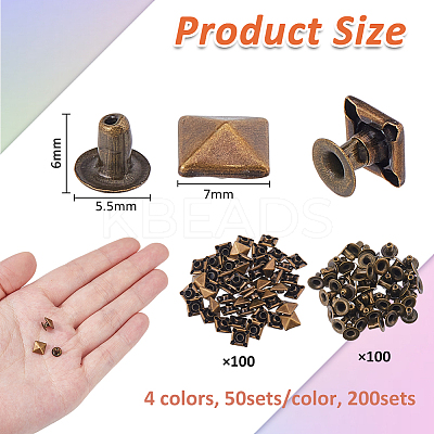 200Sets 4 Colors Brass with Iron Flat Square Rivets FIND-FH0011-33B-1