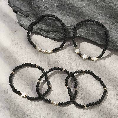 5Pcs 5 Style Natural Lava Rock & Pearl & Shell Star Beaded Stretch Bracelets Set BJEW-JB09495-03-1