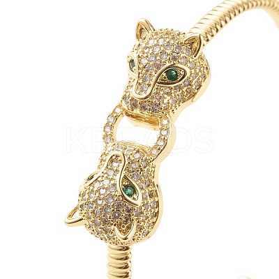 Green Cubic Zirconia Double Leopard Open Cuff Bangle BJEW-B054-20G-1