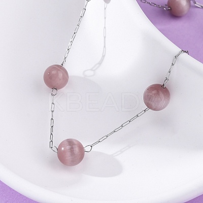 304 Stainless Steel Cat Eye Round Beads Handmade Chain Necklaces for Women NJEW-C073-01P-01-1