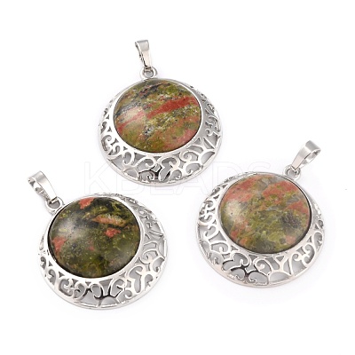 Natural Unakite Pendants with Hollow Platinum Brass Findings G-P448-A09-P-1
