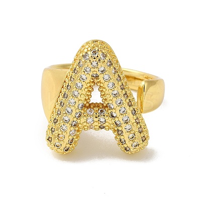 Letter Brass Micro Pave Clear Cubic Zirconia Open Cuff Ring for Women RJEW-N046-03A-G-1