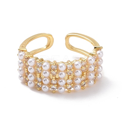 Clear Cubic Zirconia Rectangle Open Ring with Acrylic Pearl Beaded RJEW-P032-17G-1
