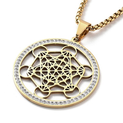 Crystal Rhinestone Flat Round with Hexgon Pendant Necklace with 201 Stainless Steel Box Chains NJEW-K253-11G-1