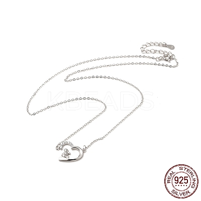 Rhodium Plated 925 Sterling Silver Rabbit with Heart Pendant Necklace with Clear Cubic Zirconia for Women NJEW-E034-02P-1