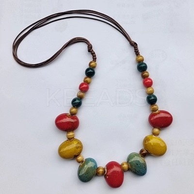 Ethnic Style Oval Porcelain Beaded Bib Necklaces with Imitation Leather Cord FS-WGD6870-02-1