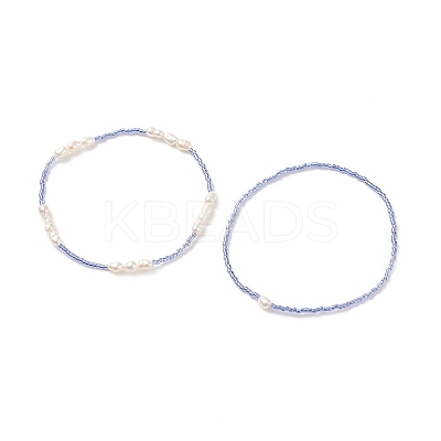 2Pcs 2 Style Natural Pearl & Glass Seed Beaded Stretch Bracelets Set BJEW-JB09032-1