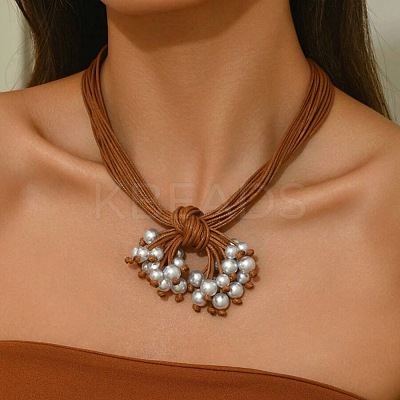 Bohemian Style Round Plastic Pearl & Resin Pendant Multi-Strand Waxed Cord Necklaces with Alloy End Chains FS-WG9073E-01-1
