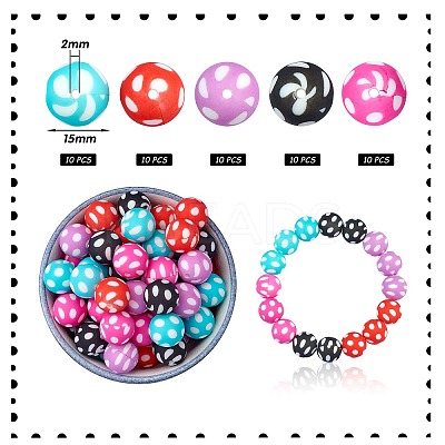 WEWAYSMILE 50Pcs 5 Styles 15mm Silicone Round Beads Making Kit JX489A-1