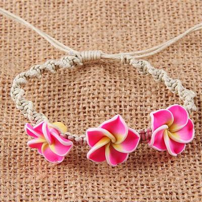 Plumeria Flower Polymer Clay Beads Braided Bead Bracelets for Women FS-WG73C89-07-1
