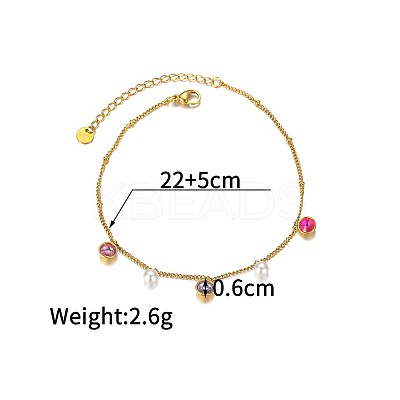 Bohemian Style 304 Stainless Steel Pave Cubic Zirconia Flat Round & Round White Plastic Pearl Charm Anklets FS-WGDB107-07-1