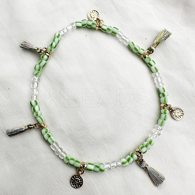 Bohemian Style Alloy Coin Charm Tassel Plastic Seed Beaded Stretch Anklets FS-WGB8A48-11-1