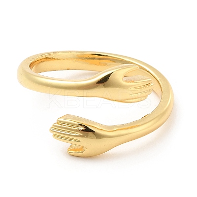 Rack Plating Brass Hand Hug Open Cuff Ring for Women RJEW-E064-04G-1