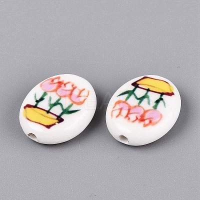 Hand Painted Tulip Flower Oval Porcelain Beads PORC-N012-11C-1