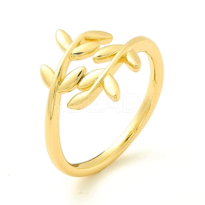 Brass Leaf Wrapped Open Cuff Ring for Women RJEW-P027-03G-1