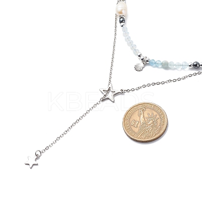 2Pcs 2 Style 304 Stainless Steel Shell & Star Charms Lariat Necklaces Set with Natural Pearl NJEW-JN03978-1