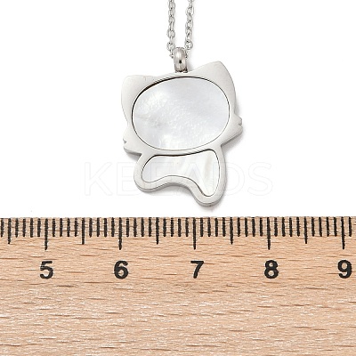 304 Stainless Steel Pave Natural White Shell Cute Cat Shaped Pendant Necklaces for Women NJEW-F339-01P-1