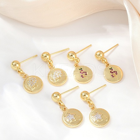 Flat Round with Star & Wing & Snake Brass Micro Pave Cubic Zirconia Dangle Stud Earrings EJEW-Z115-01G-1