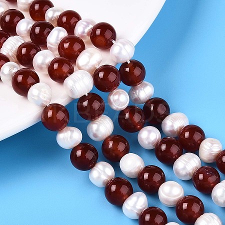 Natural Carnelian(Dyed & Heated) Round & Natural Cultured Freshwater Pearl Grooved Potato Beads Strands PEAR-N019-09-1