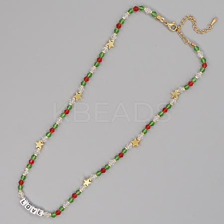 Christmas Theme Glass & Imitation Pearl & Brass LOVE Star Beaded Necklaces GF3195-7-1