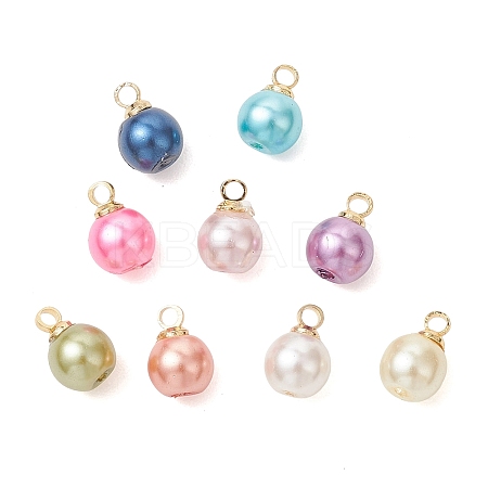 Baking Paint Pearlized Glass Pearl Round Charms with Brass Bails PALLOY-JF04897-1