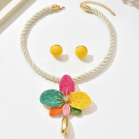 Iron Rhinestone & Raffia Flower Statement Necklace & Earrings Set WGE3BC3-01-1