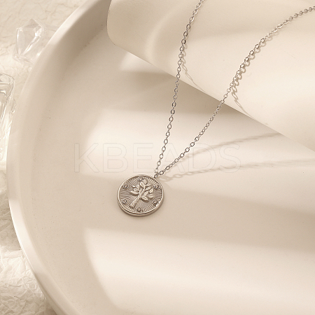 Stylish 304 Stainless Steel Crystal Rhinestone Flat Round with Tree Pendant Necklaces for Women LJ7158-1-1