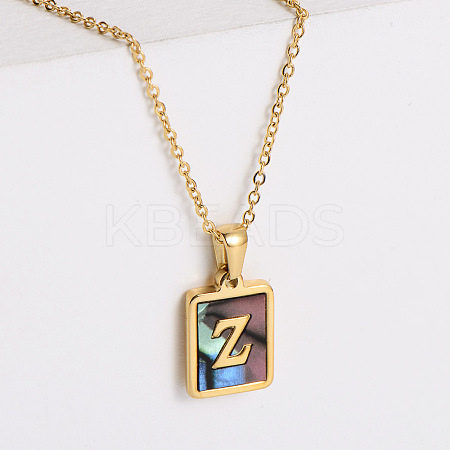 304 Stainless Steel Pave Natural Paua Shell Rectangle Initial Pendant Necklaces for Women FS-WG38E89-26-1