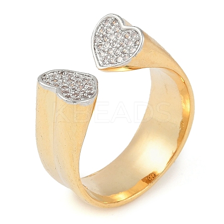 Heart Brass Micro Pave Clear Cubic Zirconia Open Cuff Ring for Women RJEW-Q819-20G-1