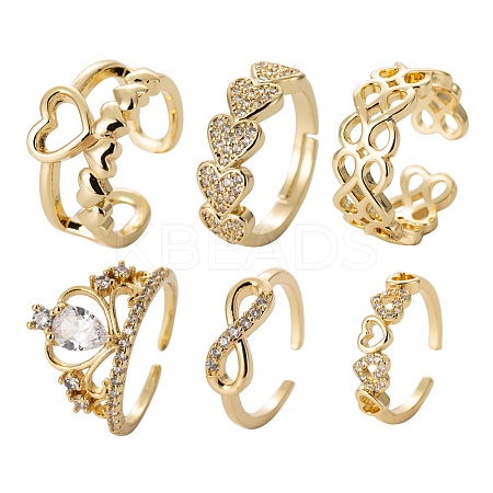 6Pcs 6 Styles Brass Micro Pave Clear Cubic Zirconia Cuff Rings RJEW-LS0001-44G-1