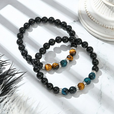 2Pcs 2 Style Dyed Natural Tiger Eye & Black Onyx Round Beaded Stretch Bracelets Set BJEW-TA00439-1