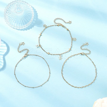3Pcs 3 Styles 304 Stainless Steel Satellite Chain Dapped Chain Link Chain Anklets Set AJEW-AN00737-1