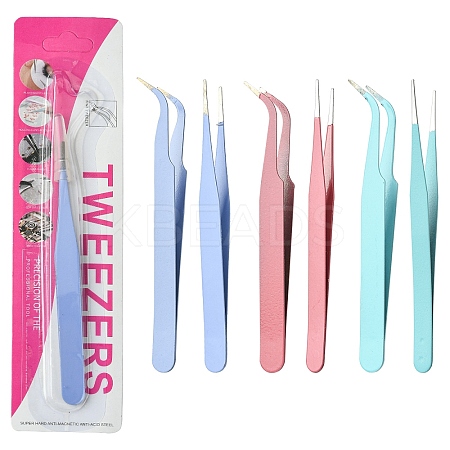 6Pcs 6 Colors Stainless Steel Tweezers DIY-YW0009-73-1