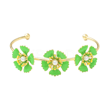 Alloy Flower with Imitation Pearl Beaded Open Cuff Bangle for Women BJEW-D054-02G-02-1