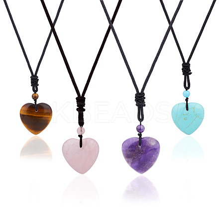 4Pcs 4 Style Heart Natural & Synthetic Mixed Gemstone Pendant Necklace with Nylon Cords NJEW-FI0001-50-1