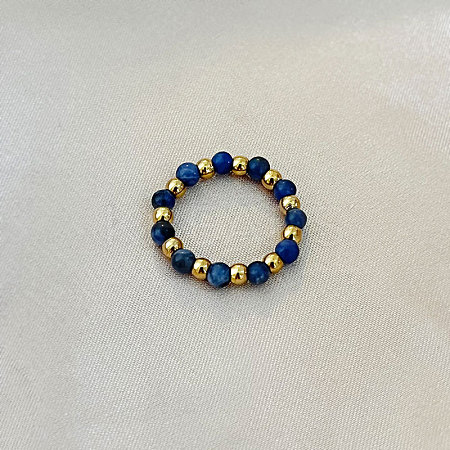 201 Stainless Steel with Natural Sodalite Round Beaded Stretch Finger Rings FS-WGCE9C4-03-1