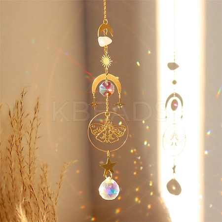 Natural Rose Quartz Brass Moon & Star Hanging Ornaments PW-WG80899-06-1